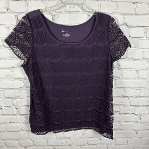 Lane Bryant Shirt Top Lace Overlay Stretch Knit Jersey Crochet Purple 14/16